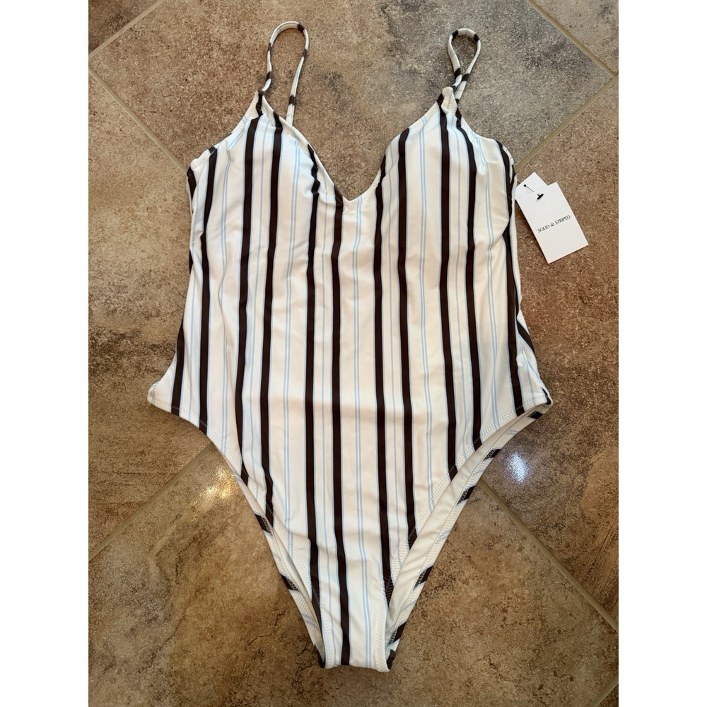 Women's Solid & Striped Brown Striped One Piece Swimsuit High Leg Cheeky Large